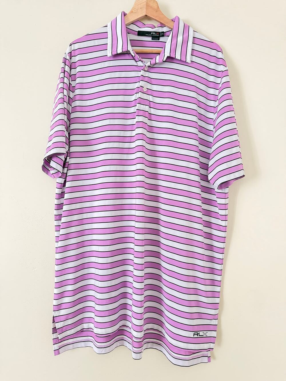 RLX Ralph Lauren XL Pink White Stripe Golf Active‎ Stretch Sport Polo Shirt